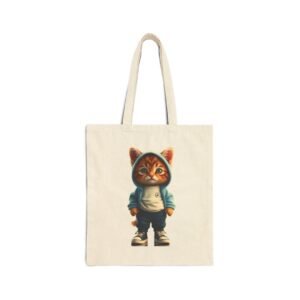 Cute Shell Kitten Cotton Canvas Tote Bag Hoodie Kitty Cotton Canvas Tote Bag. Tote bag with a cute cat in a hoodie illustration.