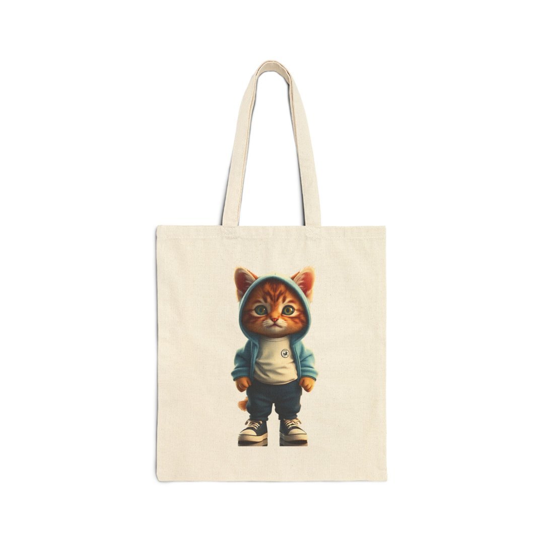 Hoodie Kitty Cotton Canvas Tote Bag. Tote bag with a cute cat in a hoodie illustration.