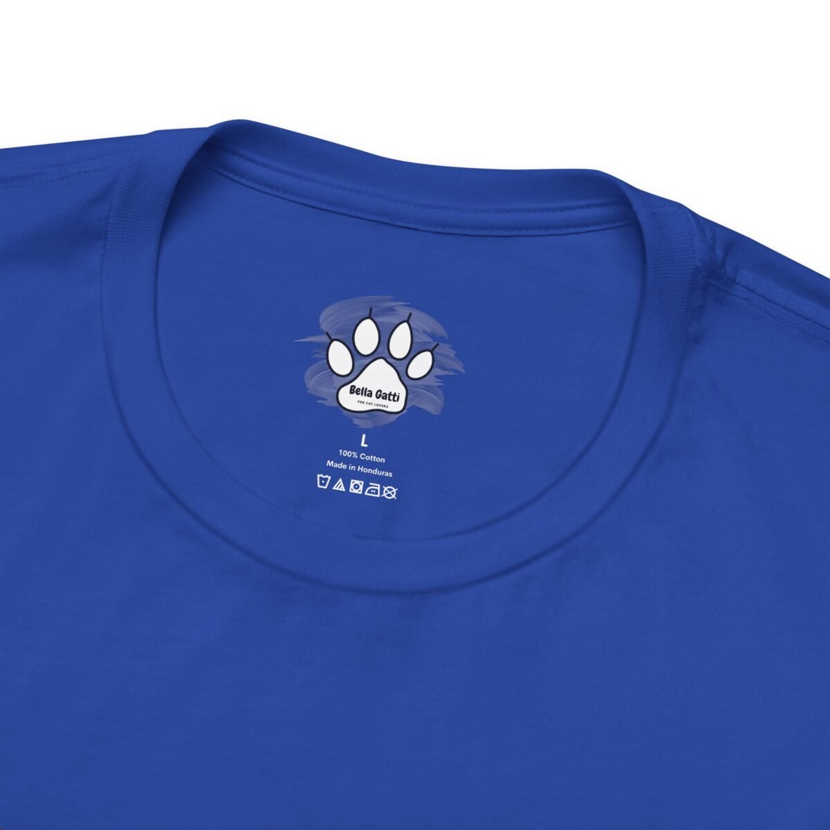 18149308277502254932_2048.jpeg Blue t-shirt with a white cat paw print logo and "Bella Gatti" text printed on the inside neck.