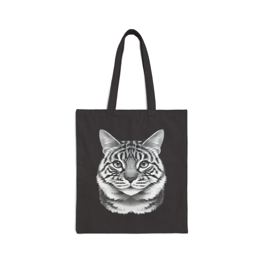 Beautiful Tabby Cat Cotton Canvas Tote Bag. Black tote bag with a realistic cat face design.