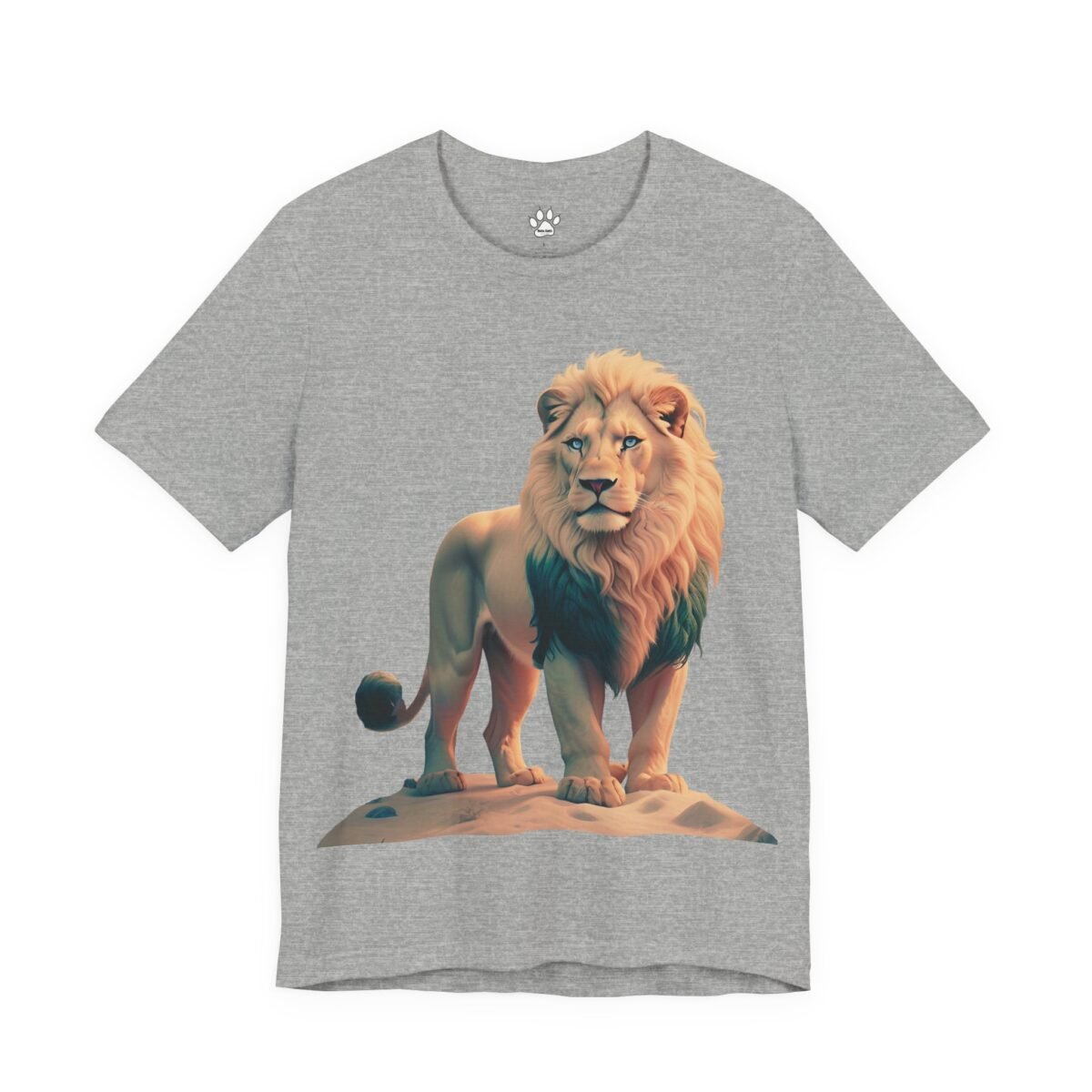 18227619098377164226_2048-1.jpeg Grey t-shirt with a stylized blonde lion featuring a dark teal lower mane and blue eyes.