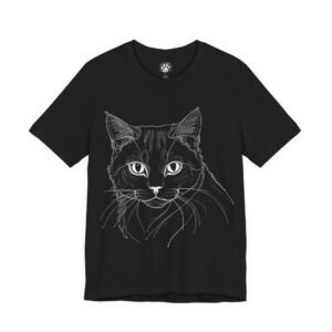 Patriotic Humor Kitty T-Shirt Minimalist Cat Line Art T-Shirt. Black t-shirt with a white line drawing of a cat's face.