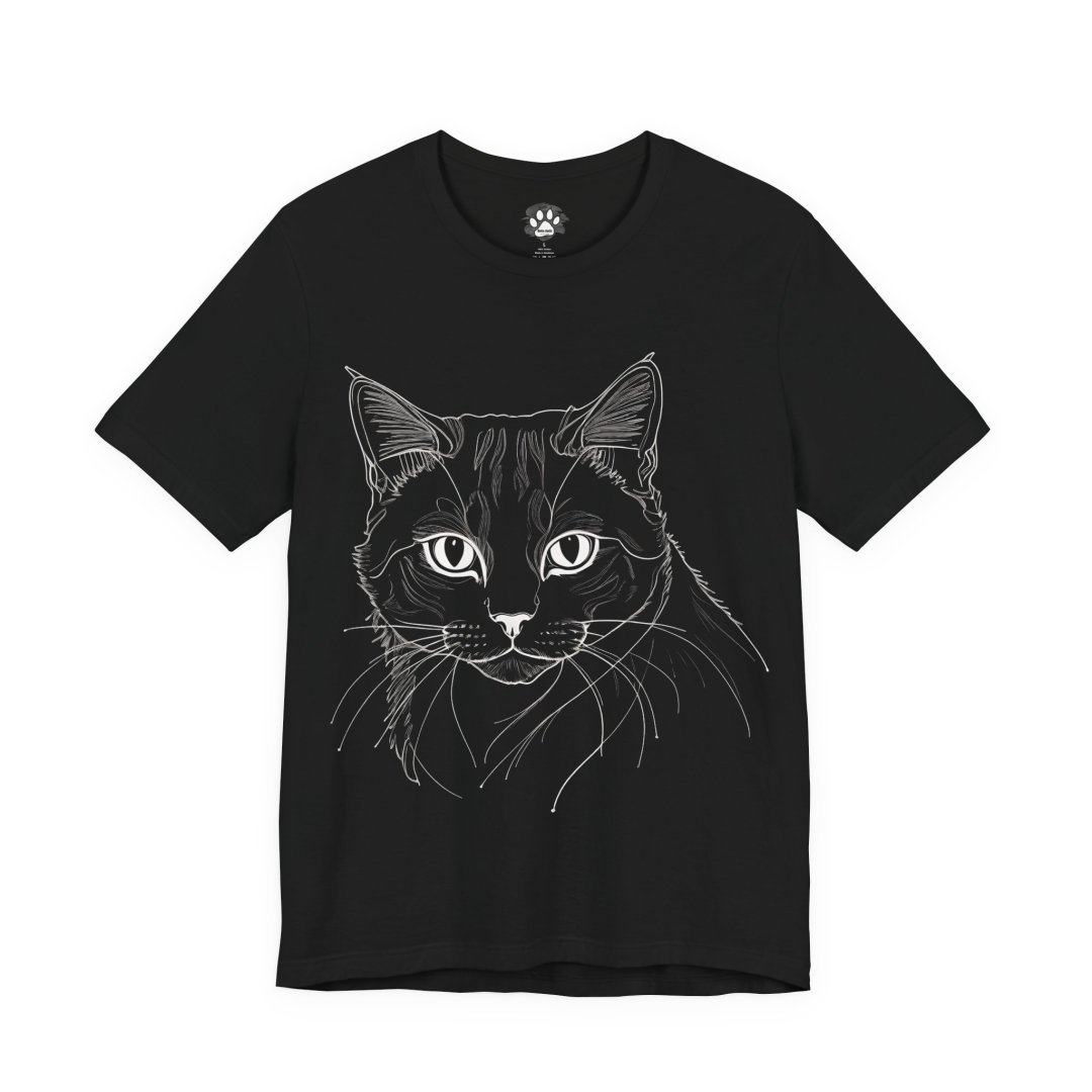 Minimalist Cat Line Art T-Shirt. Black t-shirt with a white line drawing of a cat's face.