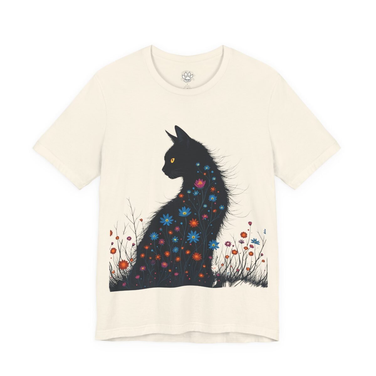 Cream t-shirt with a black cat design covered in colorful flowers. Midnight Garden Cat Unisex Tee