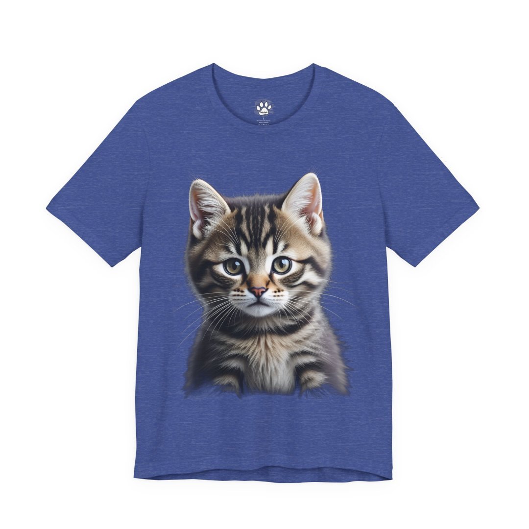18434951703478028893_2048.jpeg Blue t-shirt featuring a realistic tabby kitten illustration.