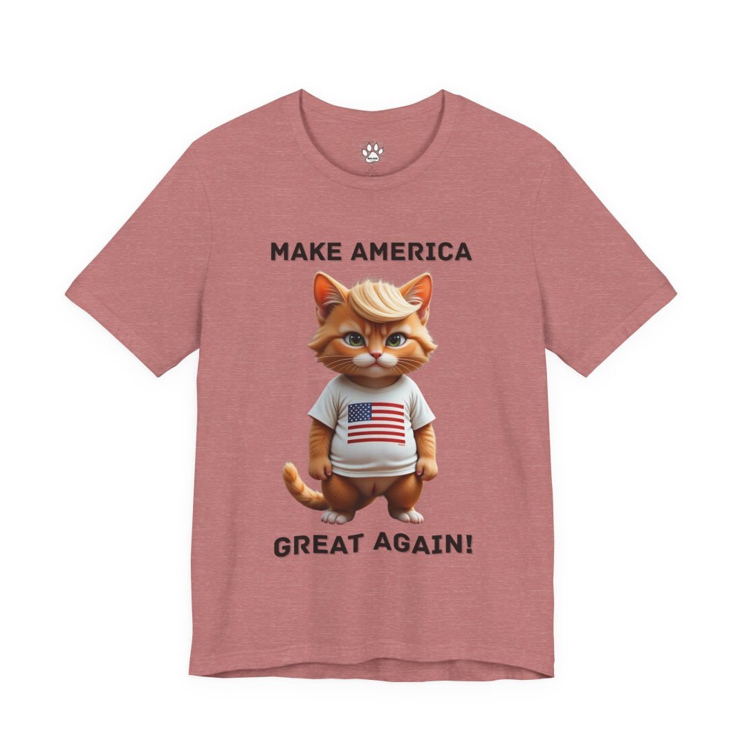 1869395992862768482_2048.jpeg T-shirt with cartoon cat wearing an American flag shirt and text 'Make America Great Again!'