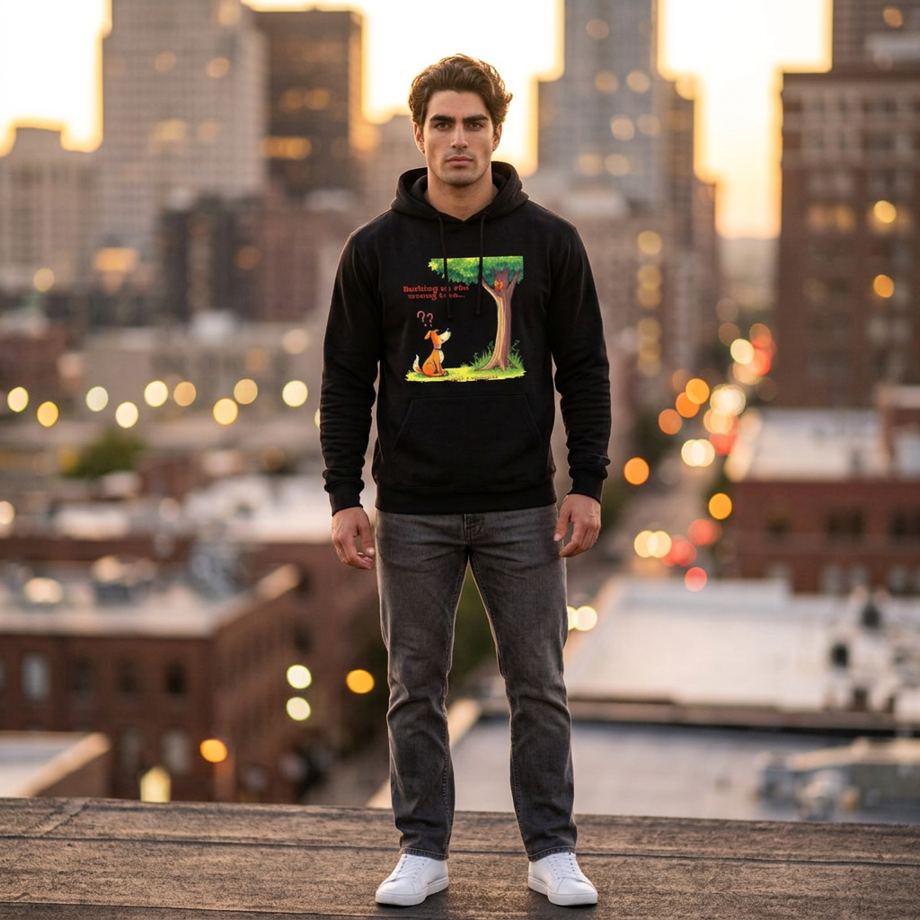 20260723203025-1f186d55-6269-6940-9b27-9e8043509a54.png Man wearing a black hoodie with a cartoon cat design, standing on a rooftop at sunset.