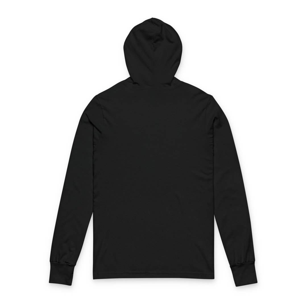 2129923336036549701_2048.jpeg Back view of a black hoodie with long sleeves and a hood.