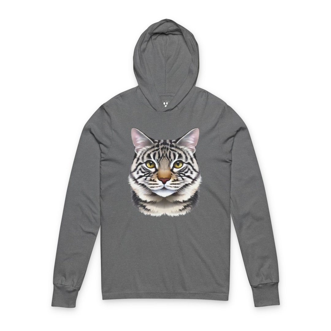 2137419400796105921_2048-1.jpeg Gray hoodie with a realistic cat face design on the front.