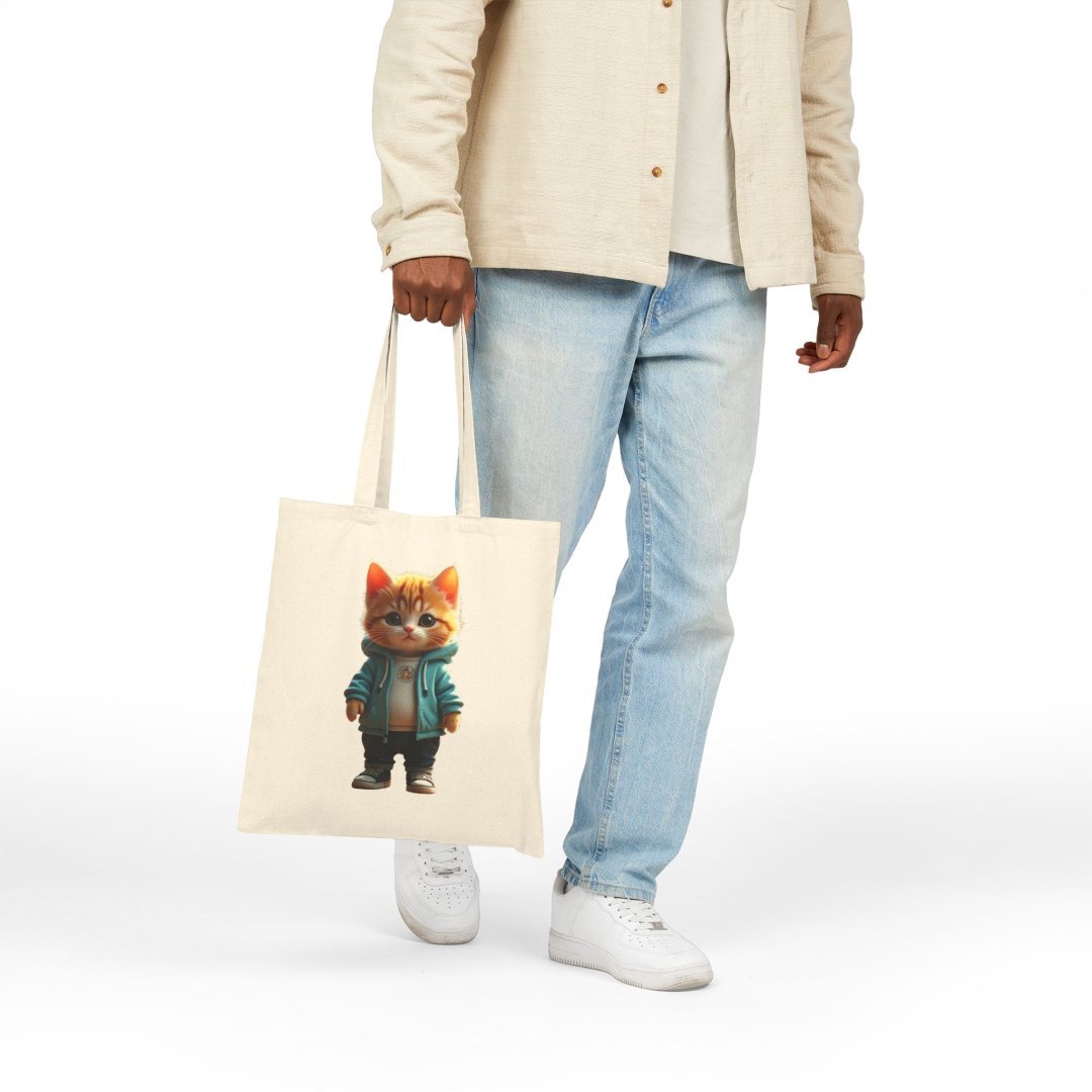 2139325330744182153_2048.jpeg Person holding a tote bag with a cartoon cat design.