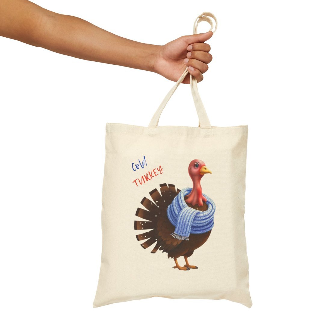 2166789021680147713_2048.jpeg Canvas tote bag with a turkey wearing a blue scarf and text 'Cold Turkey'.