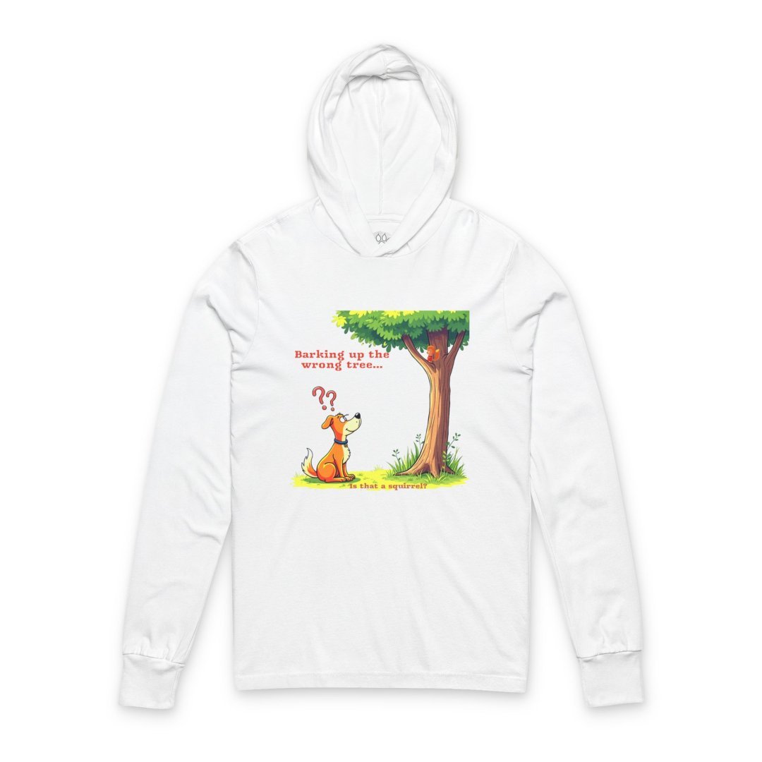 2214541042627335675_2048.jpeg White hoodie with a cartoon dog barking at a tree.