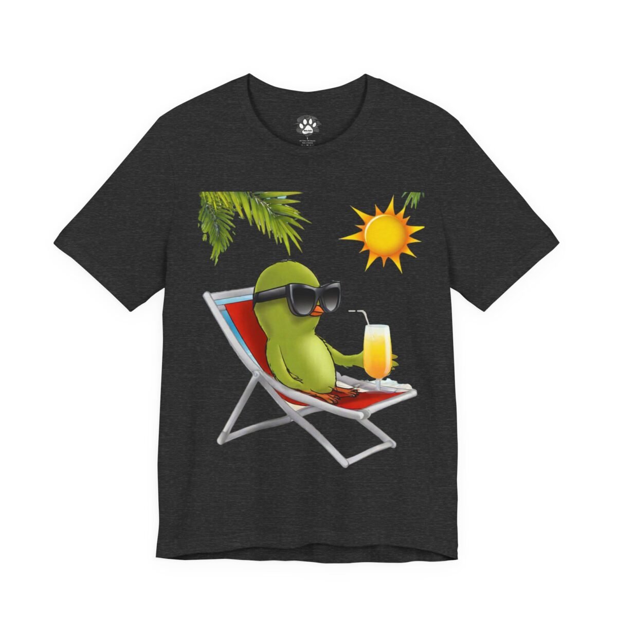 2214820837004502689_2048.jpeg Dark gray t-shirt with a green bird in sunglasses, lounging in a beach chair and holding a drink.