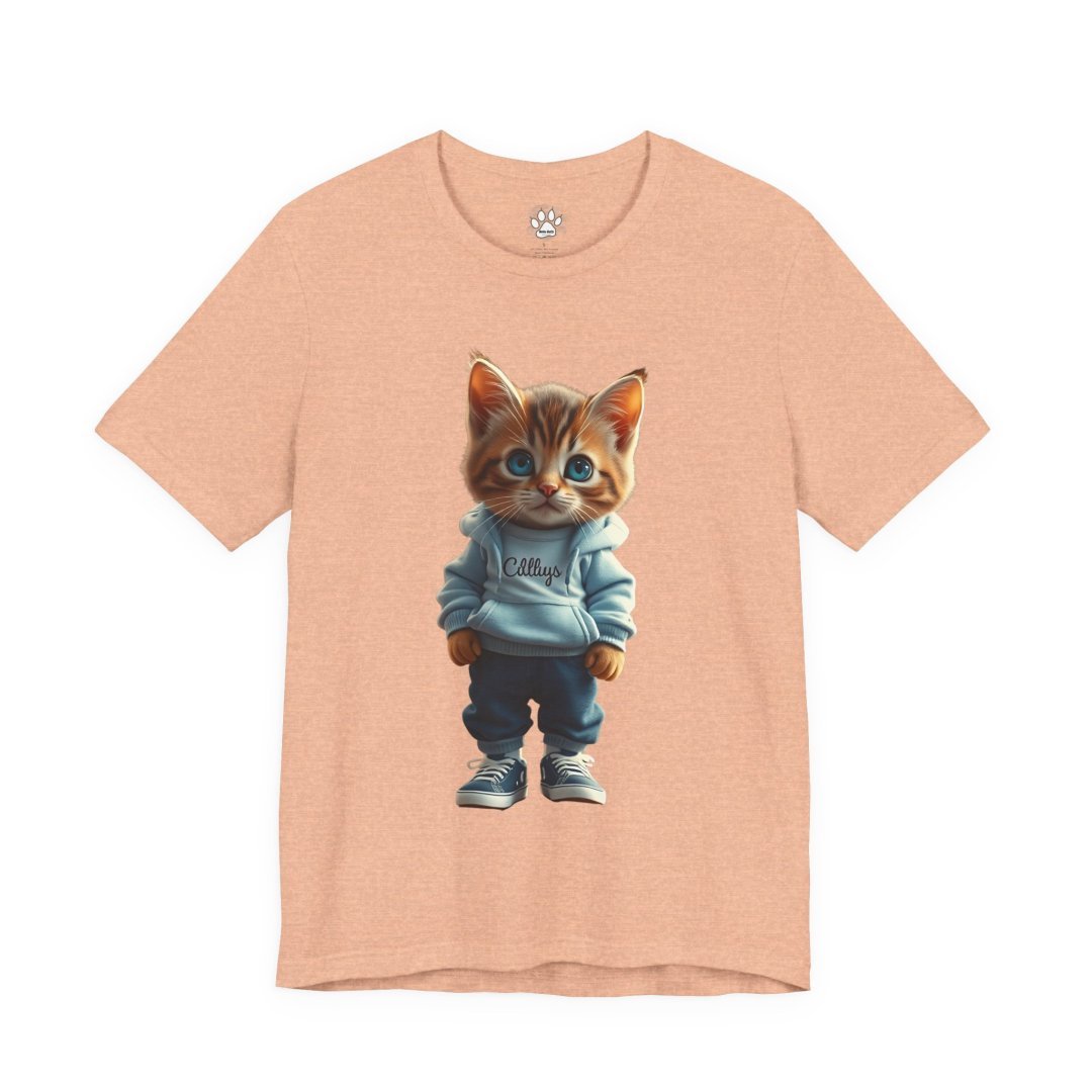 2223423691686767971_2048.jpeg T-shirt with a cute kitten wearing a hoodie and sneakers.