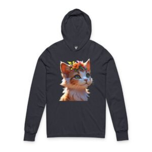 Floral Crown Kitten Graphic Hooded Long Sleeve Tee Charcoal black triblend Floral Crown Kitten Graphic Hooded Long Sleeve Tee featuring a realistic orange tabby kitten wearing a colorful flower crown on a lightweight premium cotton hooded shirt for cat lovers, botanical fashion enthusiasts, and everyday casual wear.