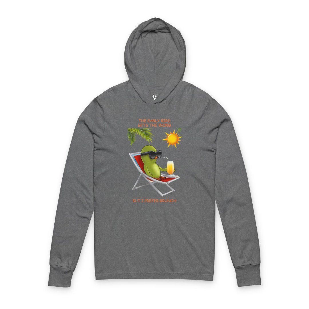 2335134544899117421_2048.jpeg Gray hoodie with a cartoon avocado lounging on a chair, wearing sunglasses, with text about brunch.
