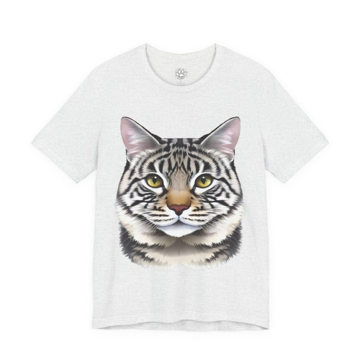 2340151767291336306_2048.jpeg Light gray heather t-shirt featuring a tabby cat's head with yellow eyes.