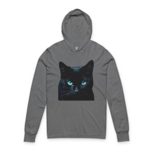 Cat & Kitten Moonlight Hooded Long-Sleeve Tee Black Cat Hoodie Long Sleeve Tee | Lightweight Cat Lover Graphic Shirtfeaturing striking blue eyes.