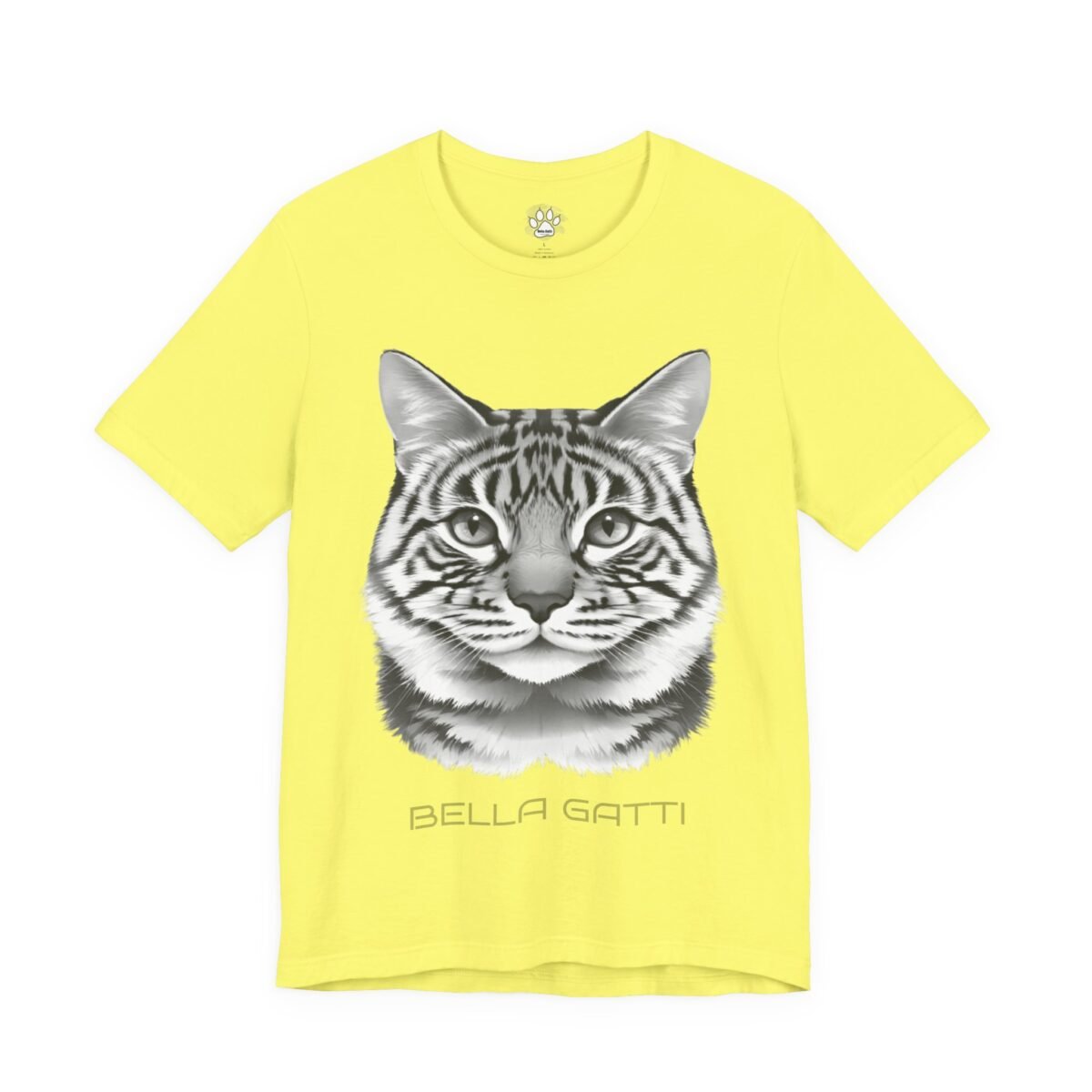 2501412682153311711_2048.jpeg Yellow t-shirt featuring a black and white striped cat head and "BELLA GATTI" text.