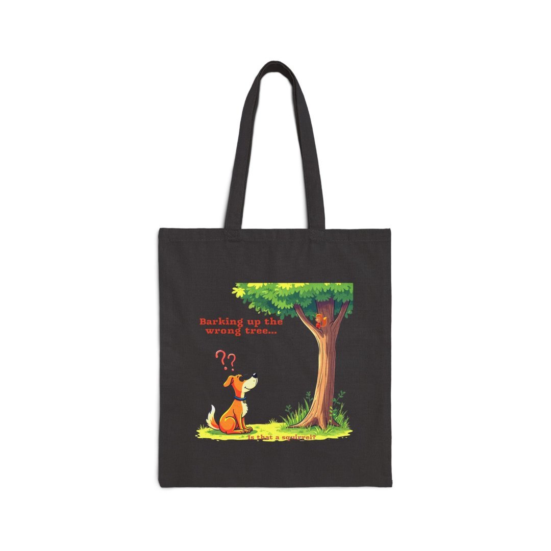 2585835566929274666_2048.jpeg Tote bag with cartoon of a dog barking at a tree with a cat in it.