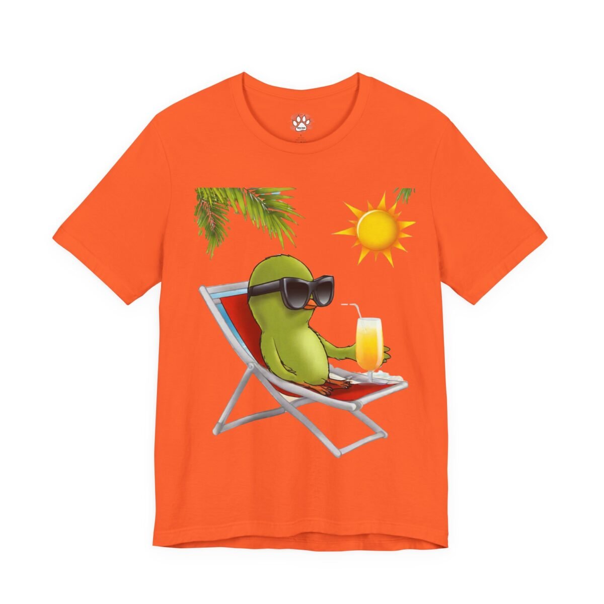2624222905831807564_2048.jpeg Orange t-shirt with a cartoon green bird in sunglasses lounging in a beach chair, holding a drink, under a sun and palm