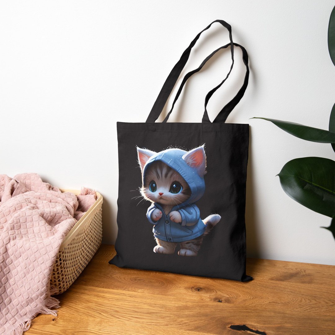 2695648099339466783_2048.jpeg Tote bag with a cute kitten wearing a blue hoodie, placed on a wooden table.