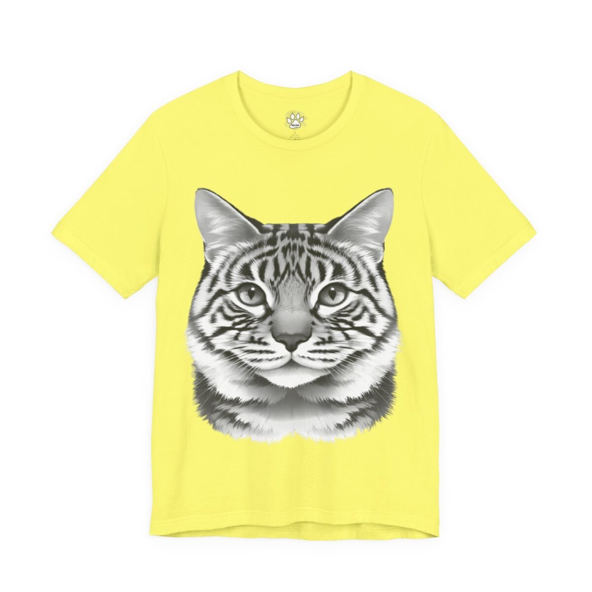 2751494429497176759_2048.jpeg Yellow t-shirt with a detailed grayscale striped cat head.