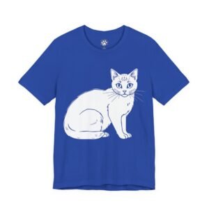 Blue t-shirt with a white sitting cat illustration.