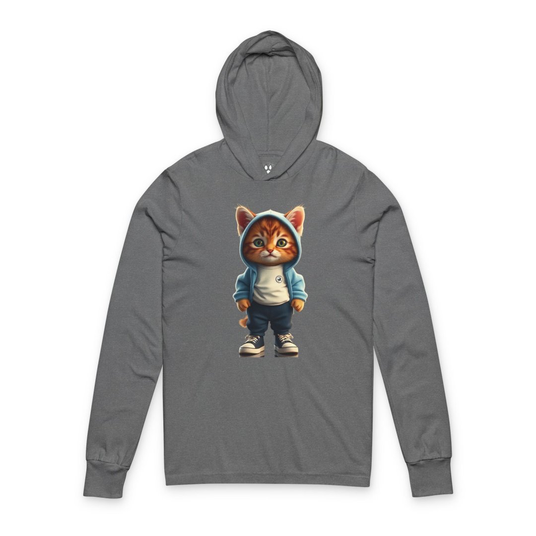 2879569603227822043_2048.jpeg Gray hoodie with a cartoon cat wearing a blue hoodie and sneakers.