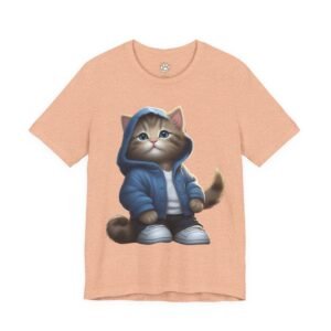 Cute Kitten Hoodie Graphic Tee. T-shirt with a cute cat in a blue hoodie and sneakers.