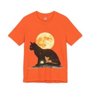 Moonlit Guardians Cat T-Shirt. Orange t-shirt with a black cat, orange kitten, and full moon graphic.