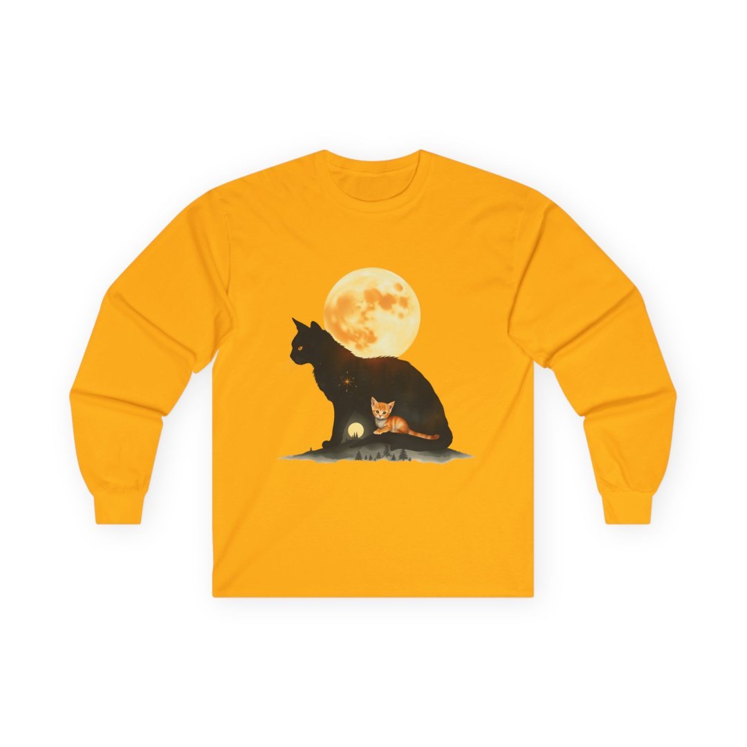 3072229659497832613_2048.jpeg Orange long-sleeve shirt with a black cat and a fox under a full moon.
