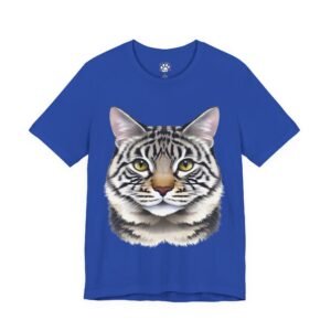 Tabby Gaze Unisex T-Shirt. Blue t-shirt with a striped cat's head and yellow eyes.