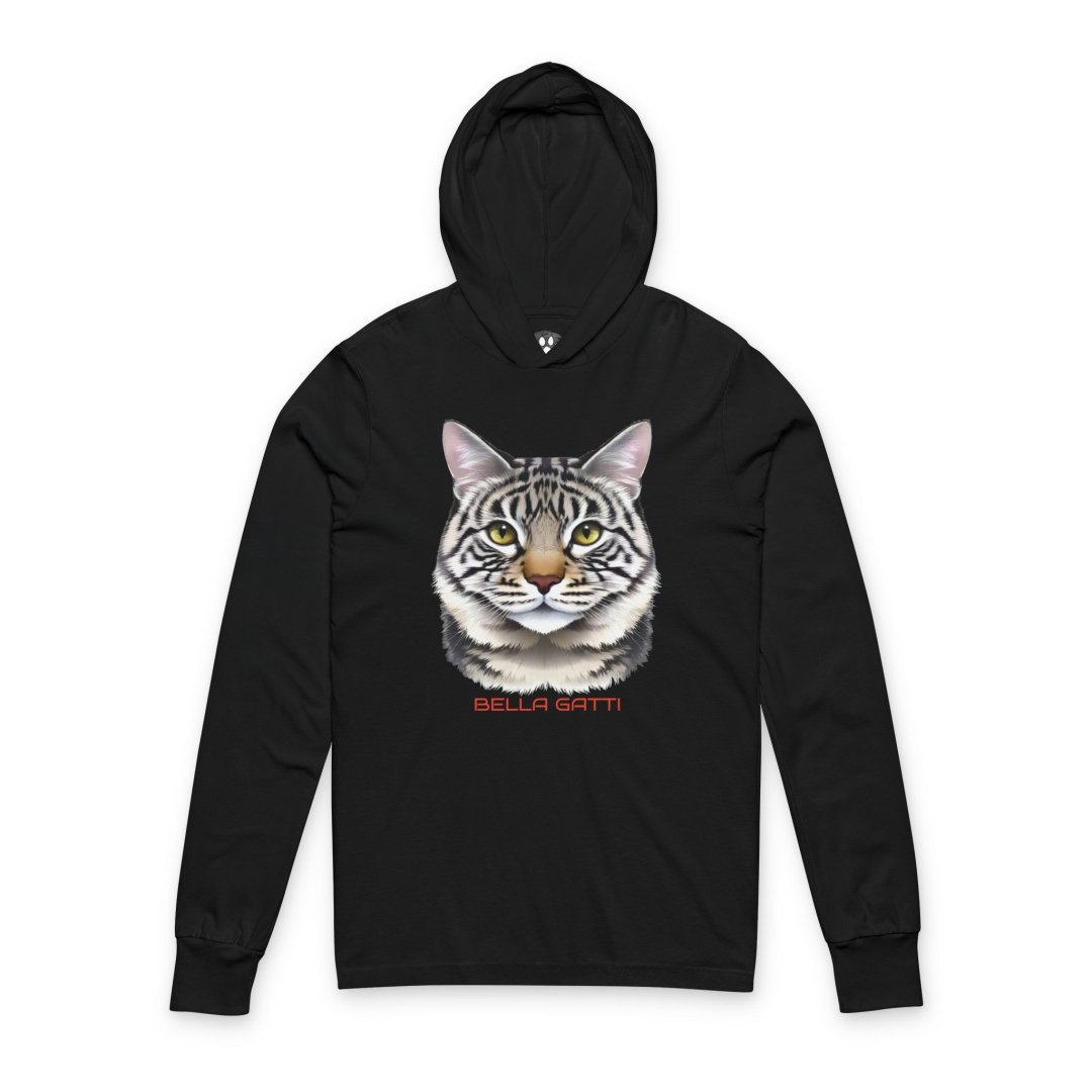 Bella Gatti Cat Face Hooded Long Sleeve Tee. Black hoodie featuring a realistic cat face design.