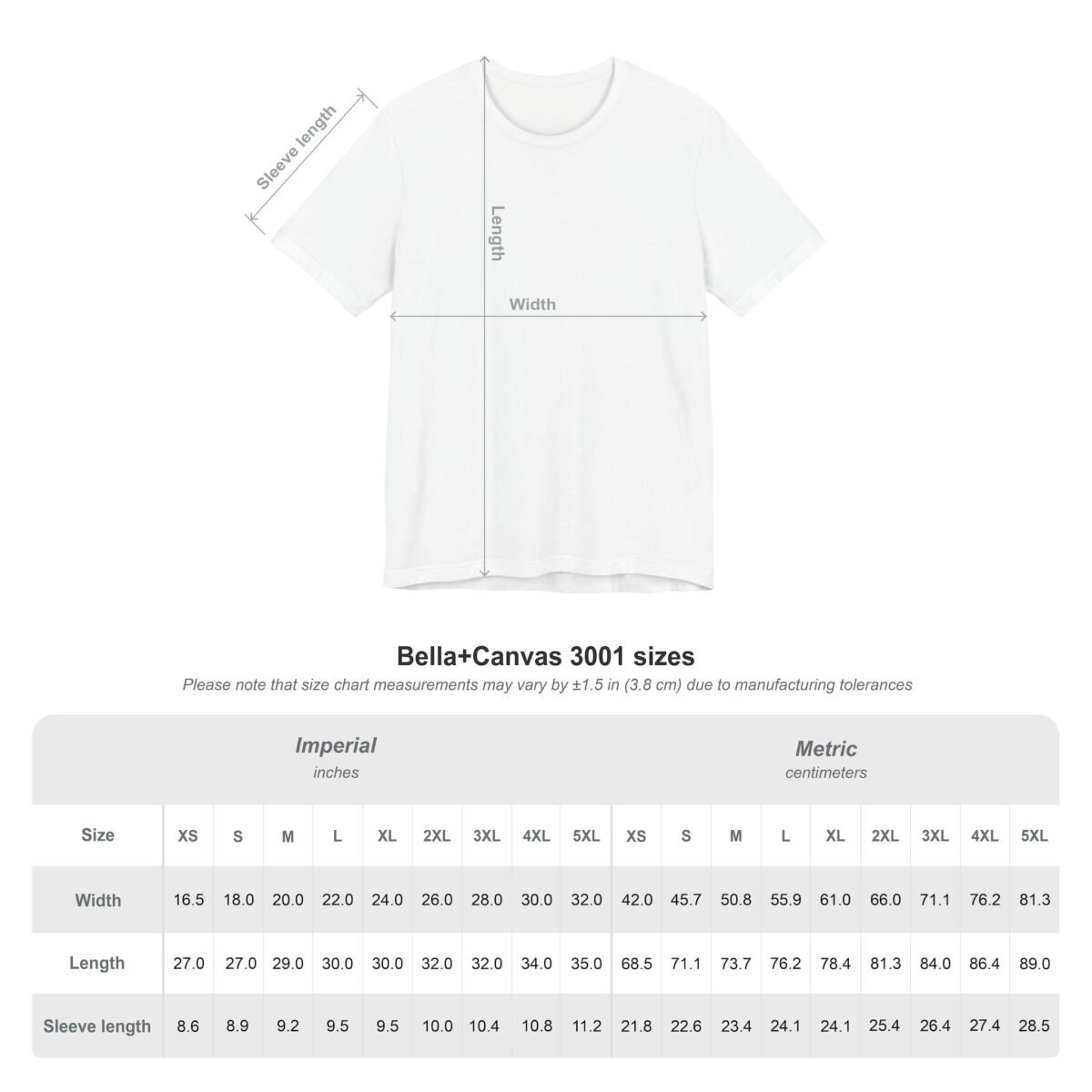 3194310545716226064_2048-1.jpeg Bella+Canvas 3001 t-shirt size chart with width, length, and sleeve length measurements in inches and centimeters.