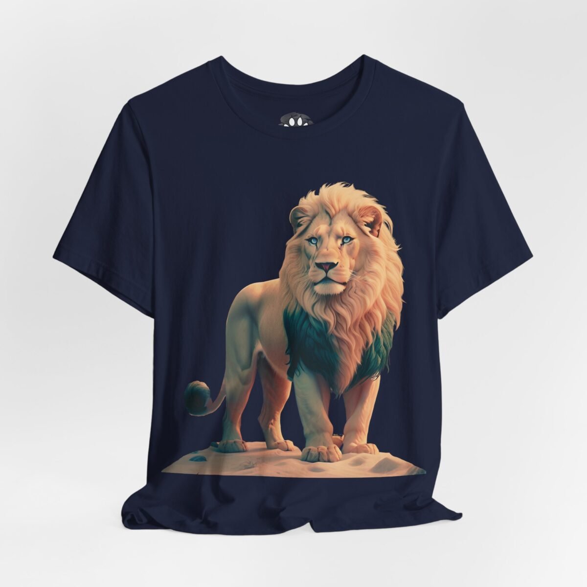 3449129466180272490_2048-1.jpeg Navy blue t-shirt with a standing lion illustration featuring a light mane, blue eyes, and dark green chest fur.