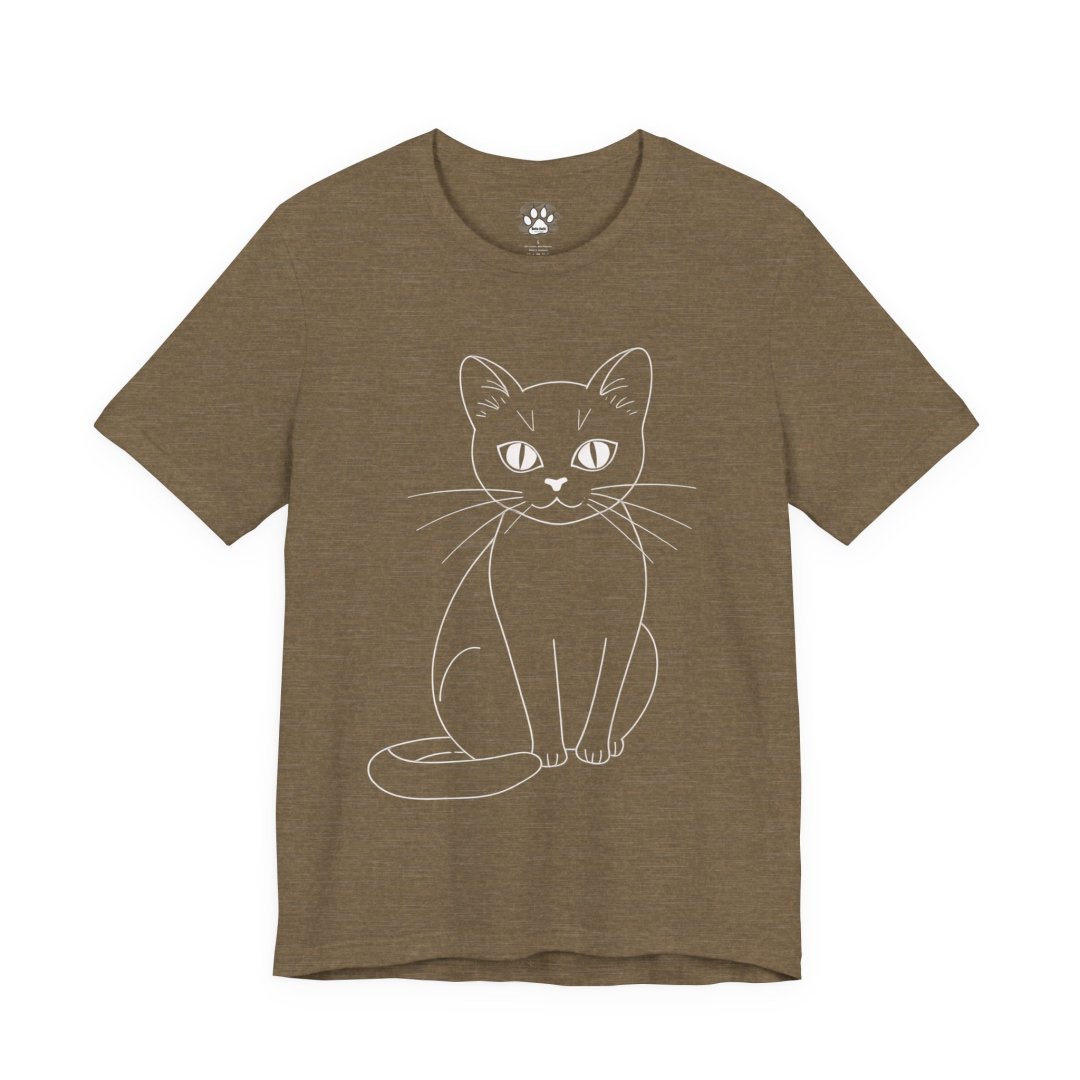 Minimalist Cat Outline Unisex T-Shirt. Brown t-shirt with a white outline drawing of a sitting cat.
