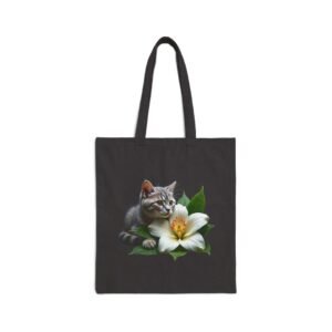 Moonlit Guardians Cat T-Shirt Tabby Cat & Lily Floral Cotton Canvas Tote Bag. Tote bag with a kitten and a white lily design.