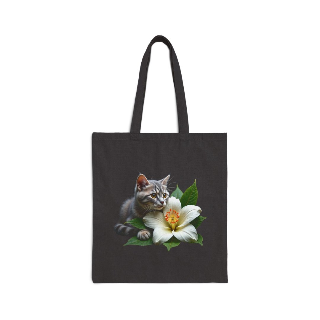 Tabby Cat & Lily Floral Cotton Canvas Tote Bag. Tote bag with a kitten and a white lily design.