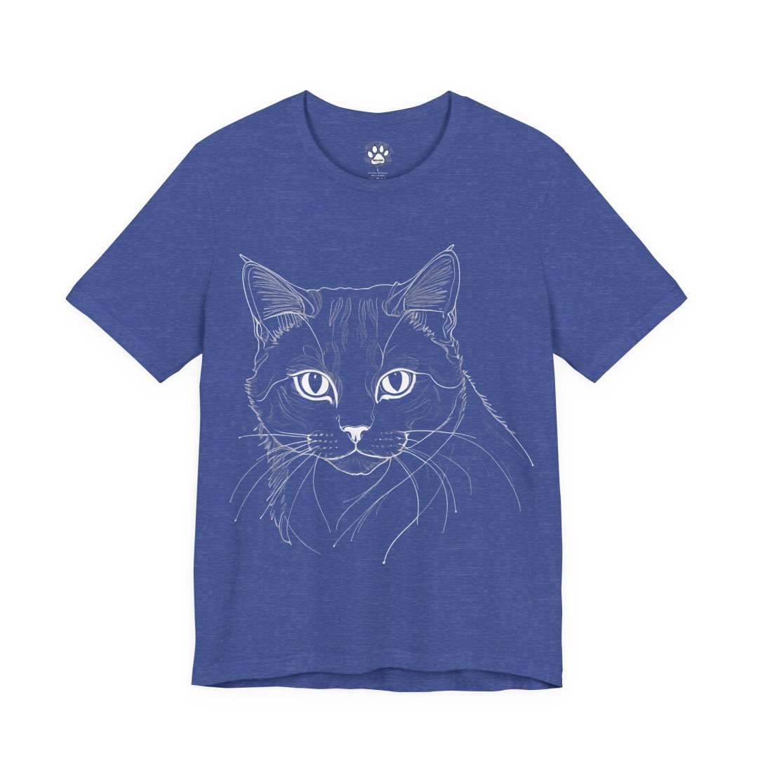 3855685993234782749_2048.jpeg Blue t-shirt with a white line drawing of a cat's face.