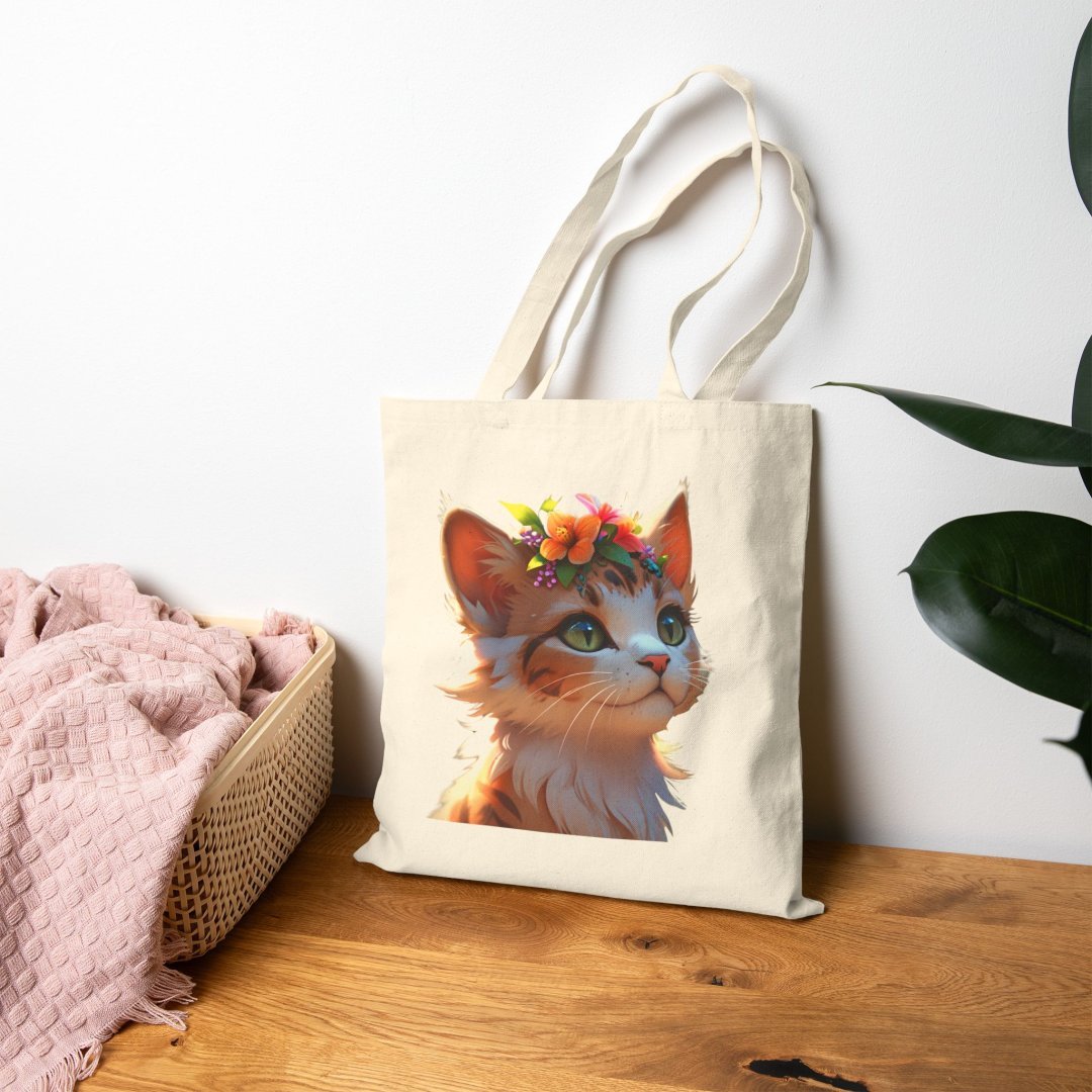 3917830908260877467_2048.jpeg Canvas tote bag with a cute cat illustration wearing a flower crown.
