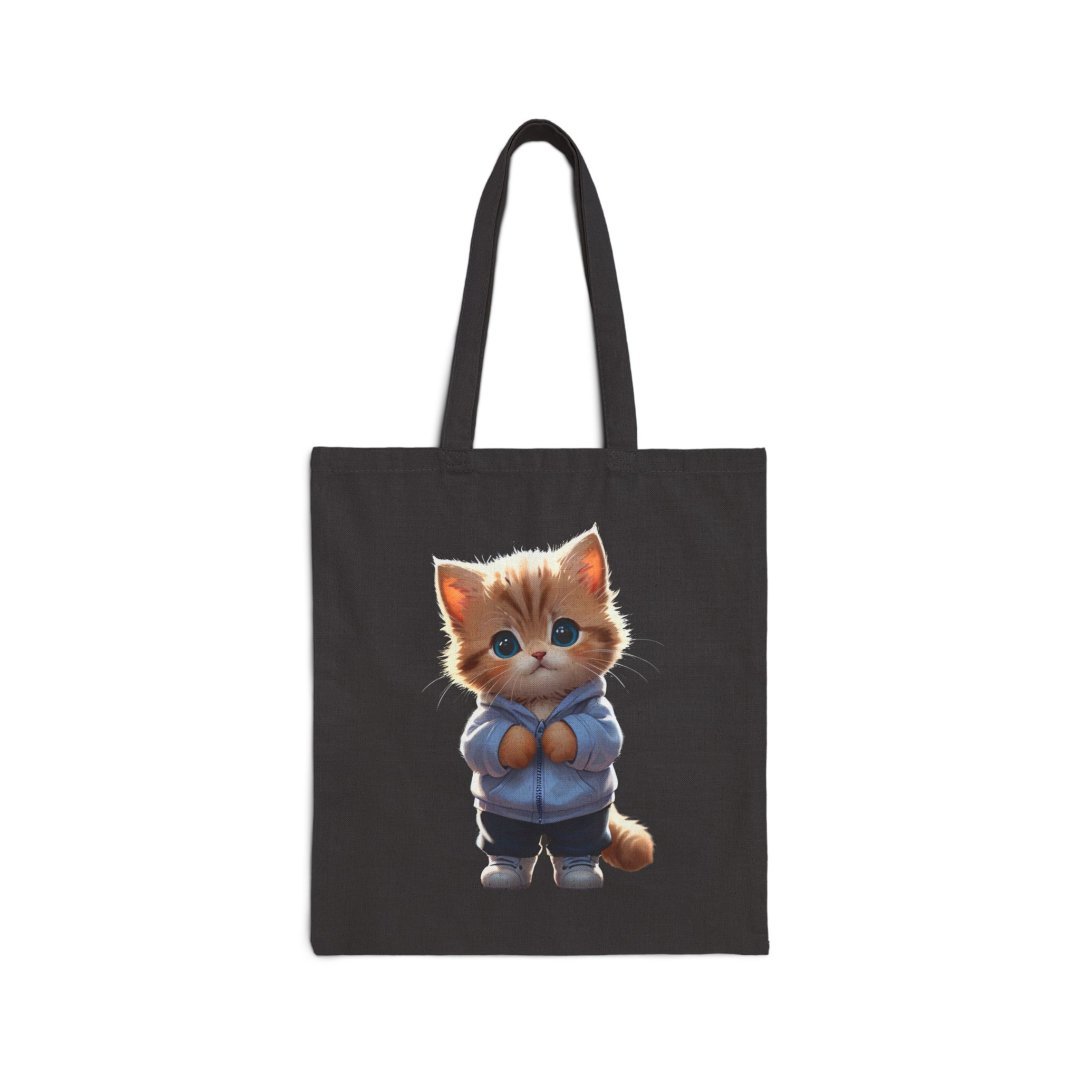 Cute Kitten Tote Canvas Bag. Cute kitten in a hoodie printed on a black tote bag.