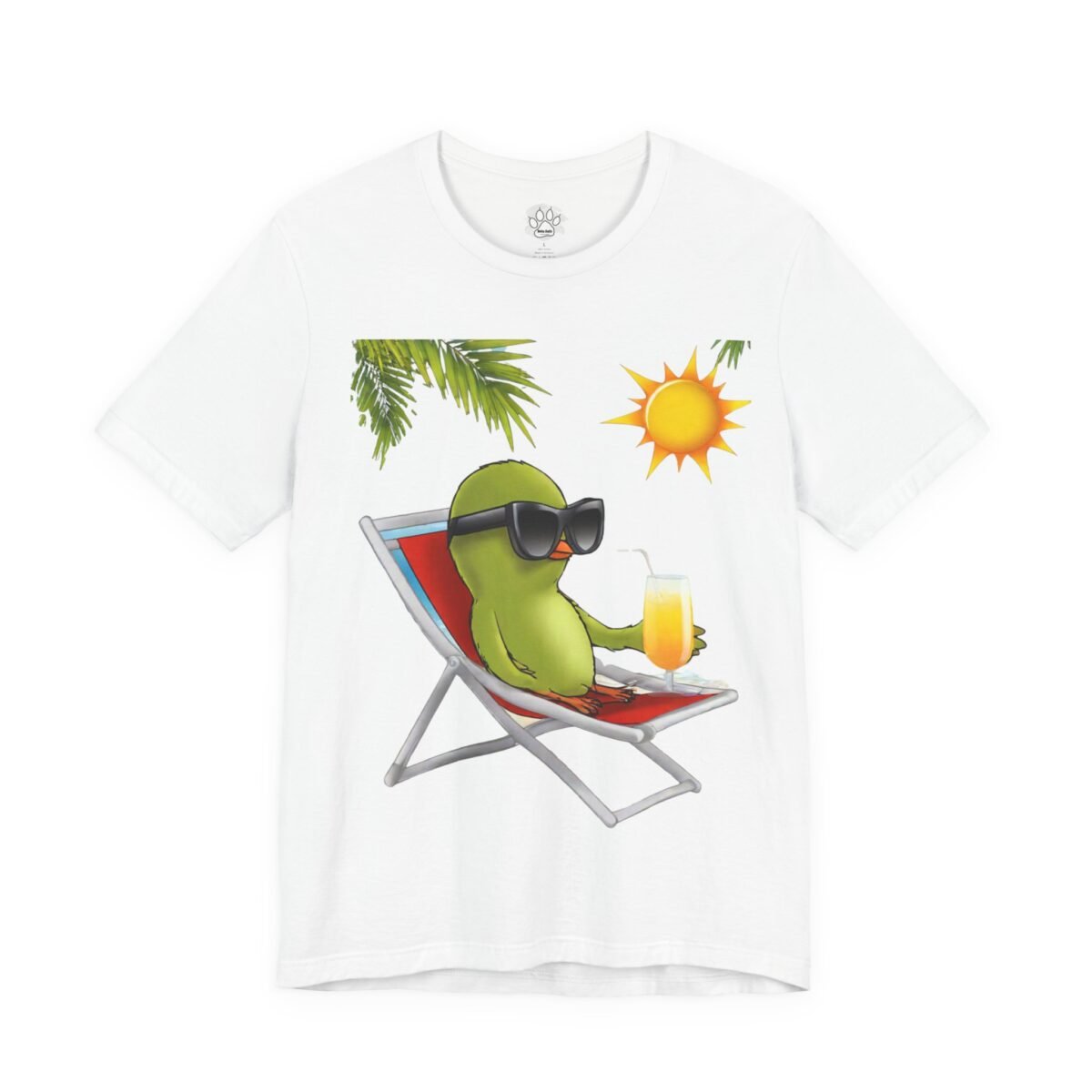 4097703076239864222_2048.jpeg White t-shirt with a cartoon green bird in sunglasses relaxing in a beach chair and holding a drink.