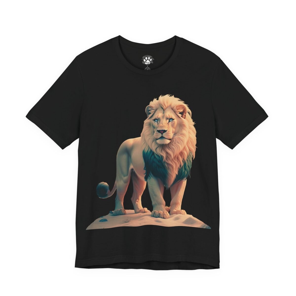 Majestic Lion Graphic Tee. Black t-shirt with a white lion graphic featuring a blonde and teal mane and blue eyes.