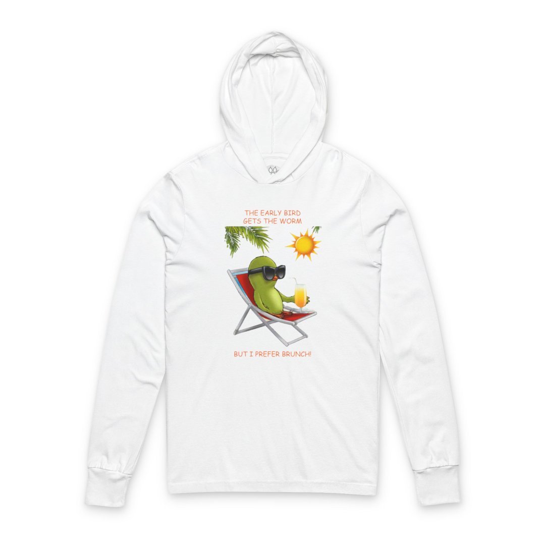 4231158450393258004_2048.jpeg White hoodie with a cartoon bird lounging on a chair, wearing sunglasses.