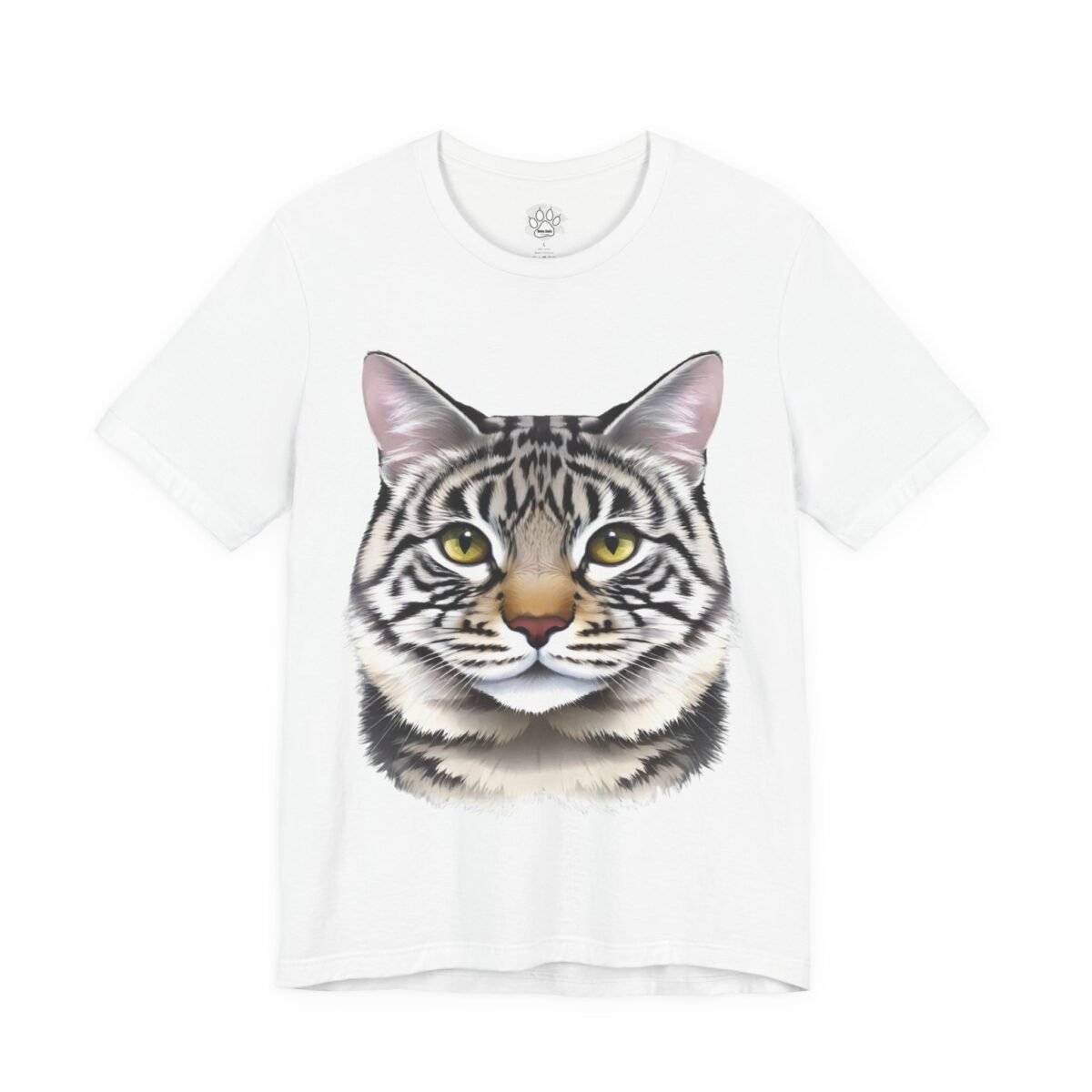 4264728877661326568_2048.jpeg White t-shirt with a detailed illustration of a striped cat's face with bright yellow eyes.