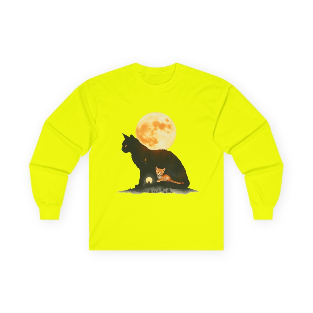4370027228155855029_2048.jpeg Bright yellow long-sleeve shirt with a black cat and kitten under a full moon.