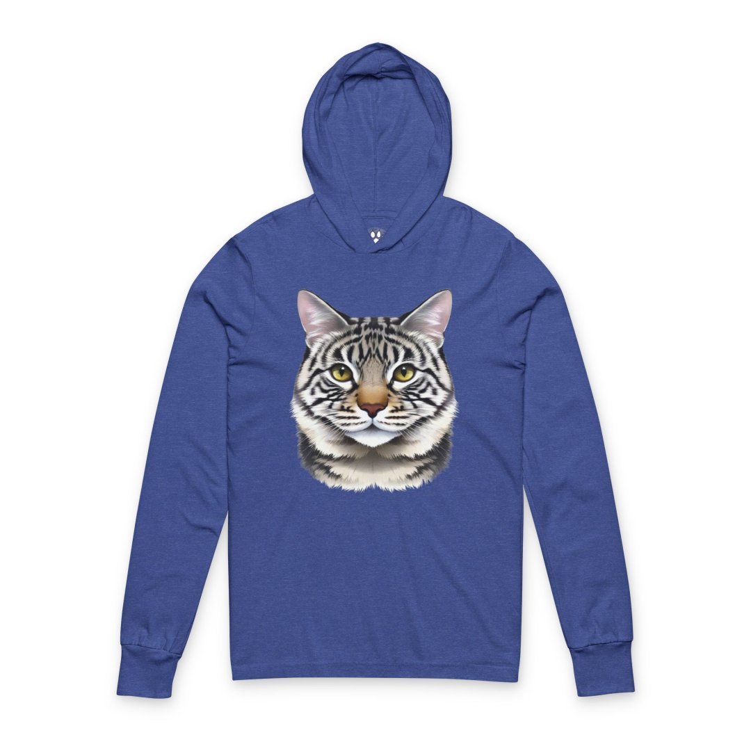 4376808456295015010_2048-1.jpeg Blue hoodie with a realistic cat face design on the front.
