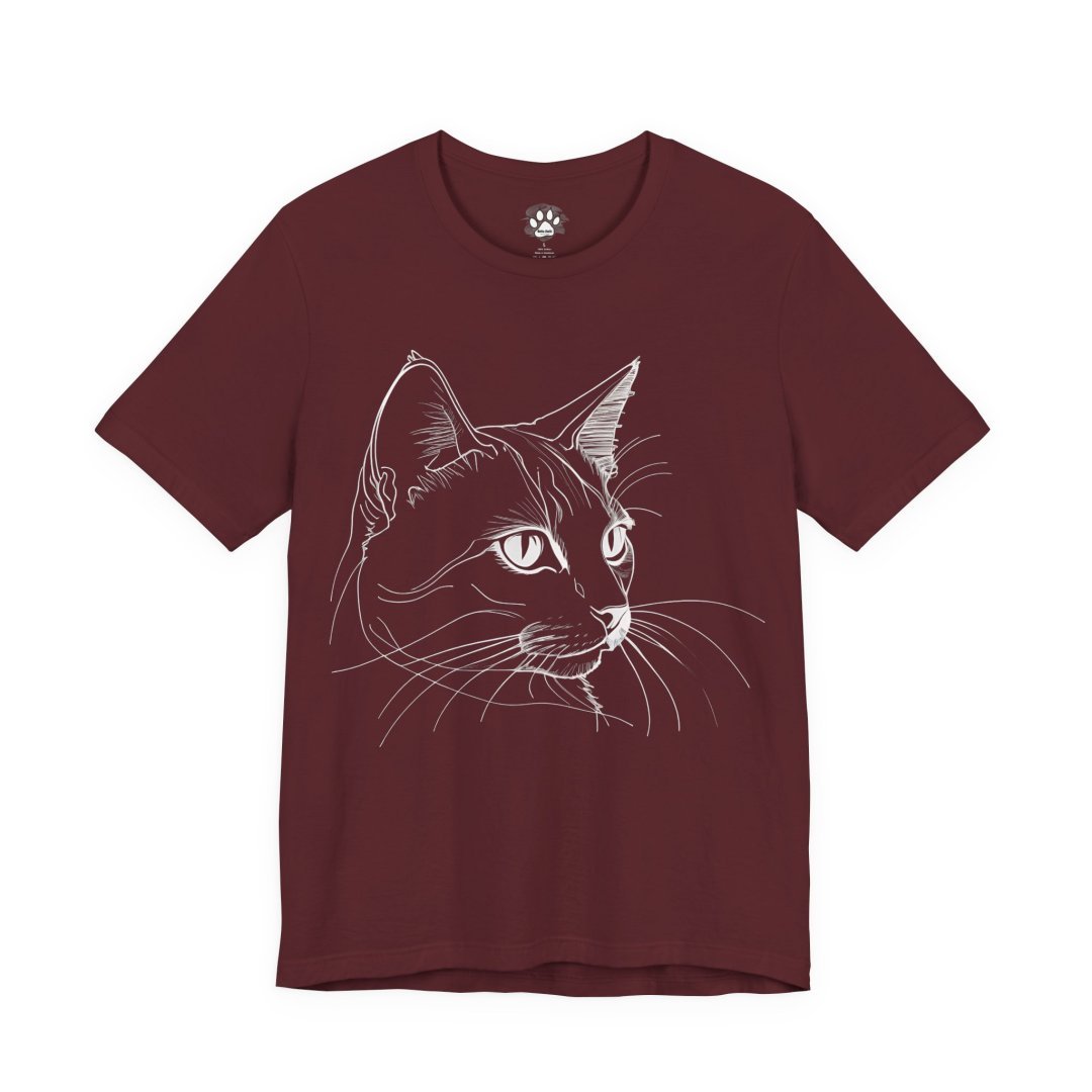 Minimalist Cat Line Art Unisex Graphic Tee. Maroon t-shirt with a white line drawing of a cat's face.