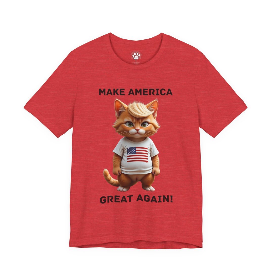 441434162960027299_2048.jpeg Red t-shirt with a cartoon cat wearing an American flag shirt.